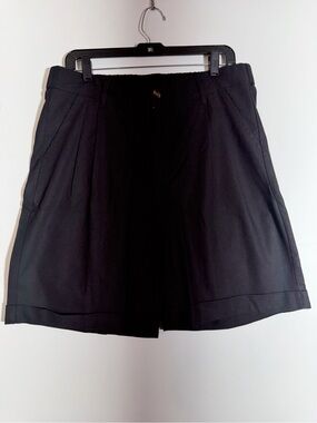 Ouku Women’s Chino Shorts L Black Cotton Linen Pleated High Rise Pockets 6"